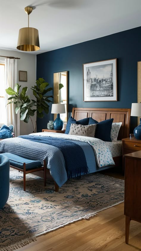 Blue Bedroom Contemporary, Blue Bedroom Wood Bed, Boho Master Bed Blue, Art Above Bed Ideas, Modern Blue Bedroom, Wood Bedroom Ideas, Blue Bedding Aesthetic, Navy Bedroom Ideas, Blue Bedroom Ideas