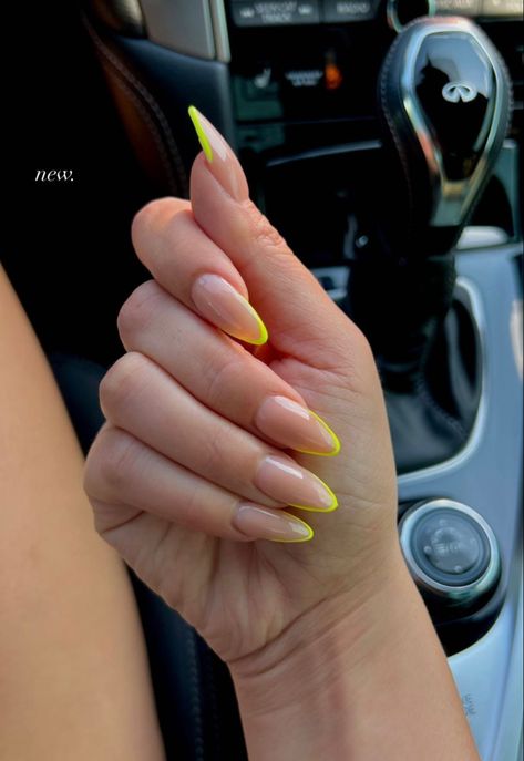 Yellow Nails Stiletto, Nails 2024 Yellow, Banana Yellow Nails, Yellow Stilleto Nail, Yellow Nail Extensions, French Manicure Nails, Nail Design Inspiration, Clean Nails, Neon Nails