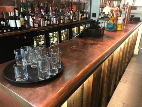 Basement Bar Cabinets, Copper Bar Top, Small Basement Bar, Cafe Bar Interior, Rustic Basement Bar, Copper Counter, Basement Bar Plans, Copper Interior, Porch Bar