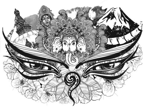 Nepali Tattoo, Nepal Tattoo, Simple Unique Tattoos, Nepali Traditional, Ak47 Tattoo, Newari Art, Ganesha Sketch, Harry Potter Sketch, Kali Tattoo