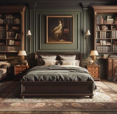 Southern Traditional Interior Design Bedroom, Country Manor Bedroom, Moody Whimsical Decor, Bridgerton Style Home Decor, Dark Sophisticated Bedroom, Academia Style Bedroom, Masculine Design Interior, Traditional Guest Bedroom Ideas, Dark Academia Bed Frame