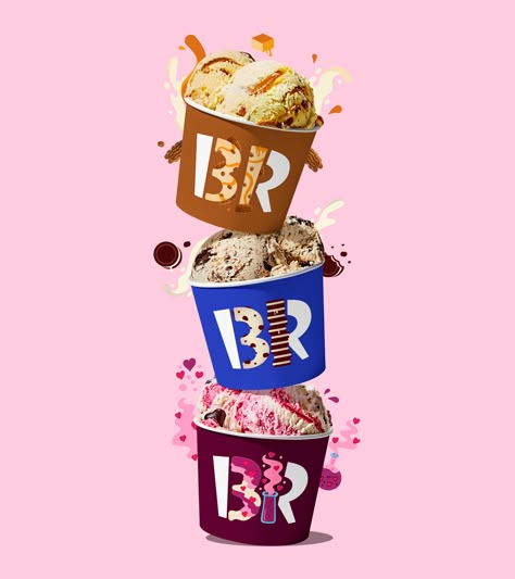 JKR's Baskin-Robbins Refresh Is Tastier Than A Scoop Of Jamoca In August | Dieline - Design, Branding & Packaging Inspiration Ice Cream Layout, Baskin Robbins Logo, Baskin Robbins Flavors, Baskin Robbins Ice Cream, Donut King, Cream Photography, Ice Cream Photography, Ice Cream Packaging, Cream Packaging