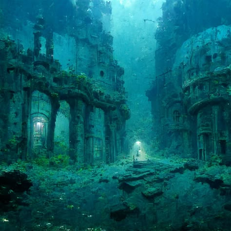 Gillion Tidestrider Aesthetic, Mermaid In Aquarium, Castle Under The Sea, Atlantis Painting, Aesthetic Underwater, Alea Aquarius, City Under The Sea, Underwater Ruins, Underwater Sculpture