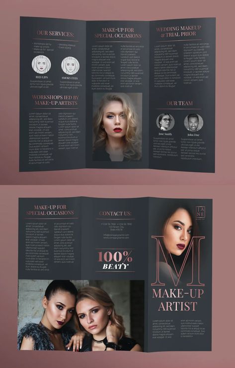 Makeup Trifold Brochure Template AI, EPS, INDD, PSD Artist Brochure, Spa Brochure, Coffee Poster Design, Barber Shop Interior, Brochure Trifold, Brochure Design Layout, Marketing Brochure, Business Card Design Creative, Makeup Course