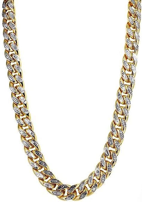 Jewelry Affairs 14k Yellow And White Gold Miami Cuban Pave Link Chain Semi Solid Necklace, Width 13.5mm, 24" Solid Necklace, Xo Jewelry, Gold Earrings For Men, Real Gold Chains, Mens Diamond Bracelet, Rudraksha Mala, Miami Cuban Link Chain, Silver Chain For Men, Gold Watches Women