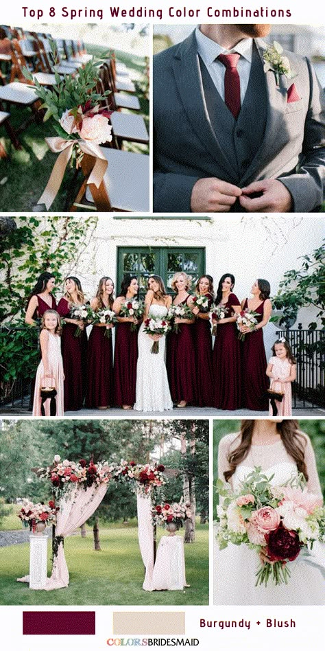 Bridesmaid Dresses Burgundy And Blush, Burgundy Wedding Color Palette, What Color Goes With Burgundy, 2025 Wedding Colors, Wine Wedding Colors, Marsala Wedding Color, April Wedding Colors, Bridesmaid Color, Burgundy Wedding Colors