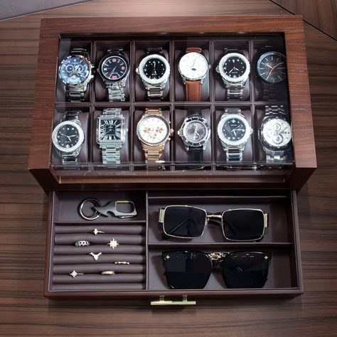 KAMIER 12 Slots Watch Box Case Organizer Display for Men,Two-Tier Wooden Watch Box Organizer For Men with watch holder and Drawer,Walnut Color:Walnut Watch Organizer Drawer, Mens Accessories Box, Watch Drawer In Wardrobe, Watch And Jewelry Storage, Watch Holder For Men, Bedroom Accessories For Men, Watch Case For Men, Watch Organizer Diy, Watch Display Ideas