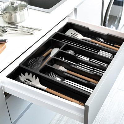 The silverware drawer organizer features an expandable design that is adjustable from 13-23 inches in width. When fully expanded, the utensil drawer organizer measure 23 x 15 x 2 inches, and when fully folded, it reduces to 13 x 15 x 2 inches. The utensil tray can be resized as needed to fit perfectly in all kitchen drawers! The cutlery drawer organizer 8 large compartments and 2 additional dividers that expand to 10 compartments for easy sorting and storage, so you can easily find and take out Kitchen Drawers Organization, Kitchen Utensil Drawer Organization, Kitchen Utensil Drawer, Cutlery Drawer Organization, Silverware Organizer, Silverware Drawer Organizer, Kitchen Drawer Storage, Utensil Drawer Organization, Silverware Drawer