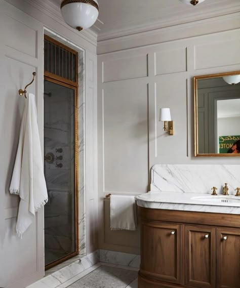 Guest Bathroom Maximalist, Bathroom Decor With Shower Doors, Sylvana Durrett Home, Bathroom With Personality, Bathroom Small Hexagon Tile Floor, Modern 1920s Bathroom, Wood Vanity In Bathroom, Mahogany Bathroom Vanity, Primary Bathroom Inspiration