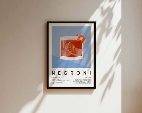 Negroni Cocktail Print Poster, Cocktail Poster, Home Bar Decor, Kitchen Prints, Cocktail Gift, Kitchen Wall Art, Bar Print, Mixology Art Cocktail Drawing, Negroni Recipe, Negroni Cocktail, Cocktail Poster, Colorful Cocktails, Cocktail Gifts, Cocktail Art, Art Bar, Frame Card