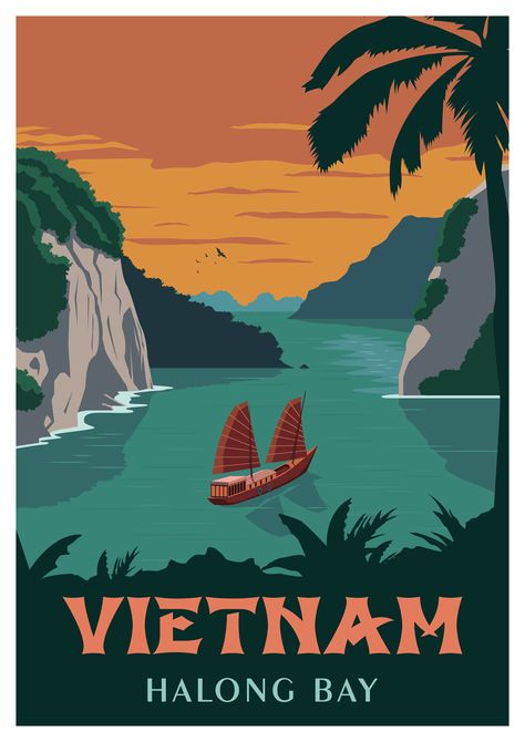 Vietnam Art, Tourism Poster, Art Deco Poster, Retro Travel Poster, Halong Bay, Art Deco Posters, National Park Posters, Vintage Travel Poster, Vintage Poster Art