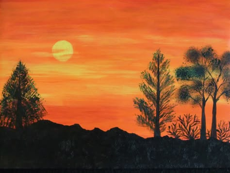 Acrylics on Canvas: Landscape painting Sun Set Painting, Drawing Wolf, Set Painting, Watercolor Paintings For Beginners, Scenery Paintings, Landscape Paintings Acrylic, Watercolor Paintings Easy, Orange Sky, Acrylic Painting Techniques