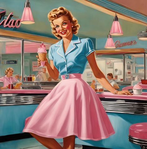 Pastel 50s Aesthetic, 1950s Diner Outfit, 50s Waitress, 50s Housewife Aesthetic, 50s Aesthetic Fashion, Vintage 50s Aesthetic, 50s Nostalgia, 1950's Diner, 50’s Aesthetic