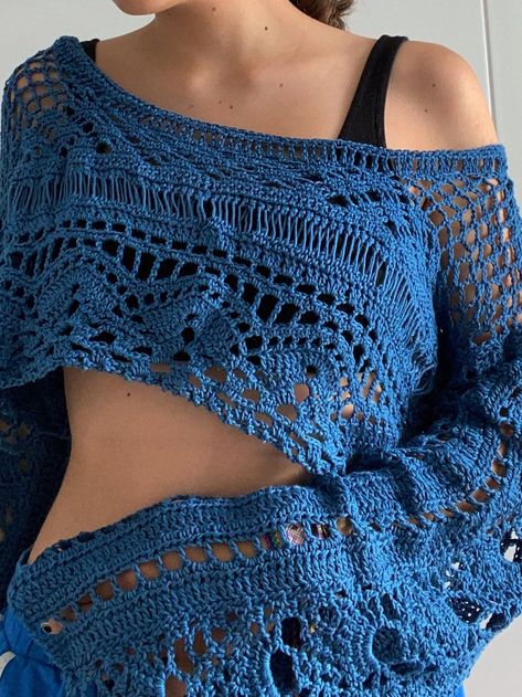 Blue Crochet Mesh Cropped Sweater with Long Sleeves Crochet Mesh Sweater, Crochet Off The Shoulder Top, Sweater Handmade, Mesh Sweater, Drop Shoulder Sweater, Diy Vetement, Mesh Tops, Crochet Clothing And Accessories, Crochet Design Pattern