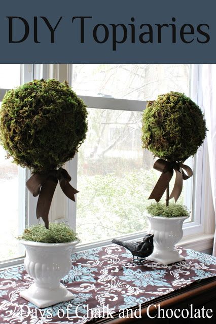 How To DIY Topiaries (Paper Mache) | Days of Chalk and Chocolate Diy Topiaries, Topiary Decor, Diy Paper Mache, Topiary Centerpieces, Topiary Diy, Moss Decor, Beach Interior, Moss Balls, Topiary Trees