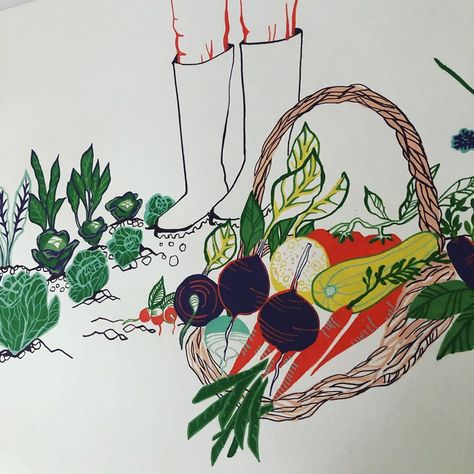 Veggie Garden Illustration, Vegetable Patch Illustration, Vegetable Garden Painting, Vegetable Mural, Vegetable Garden Illustration, Veggie Garden Design, Easter Window, Wall Drawings, Vegetable Stand