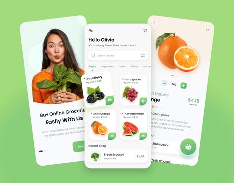 Grocery App UI designed by MD. Mohin Uddin. I am excited to share the app design I've been working on. This is a Grocery Shop App ui design. I hope you'll enjoy it!😍 This UI design is ready to use for iOS & Android both mobile app project. #grocery #supermarket #shop #internet #food #market #purchase #app #delivery #mobile #online #store Grocery Shopping App, Grocery Delivery App, Groceries App, Food Delivery App, Delivery App, Mobile App Ui, Ui Design Inspiration, App Ui Design, Web Template Design
