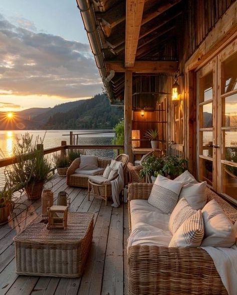 Lake House Porch, Ideal Morning Routine, Mountain Lake House, Muskoka Cottage, House Porch, Lakeside View, Back Garden Design, Luxury Cabin, House With Porch