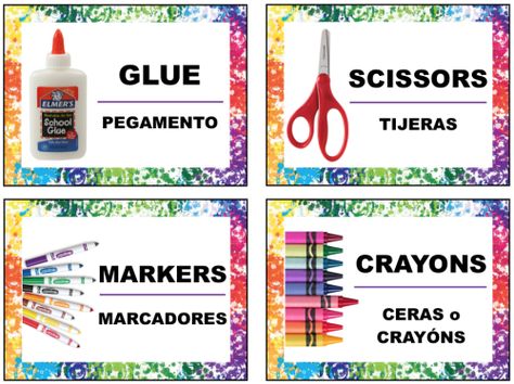 Free Supply Labels in English and Spanish for Art Supplies in the Art Room or Classroom. PDF download in post and Just for Teachers section! Spanish English Classroom Labels Free, Bilingual Classroom Labels, Art Supplies Labels, Classroom Labels Printables, Art Labels, Art Classroom Organization, Spanish Classroom Decor, Art Classroom Management, Art Rooms