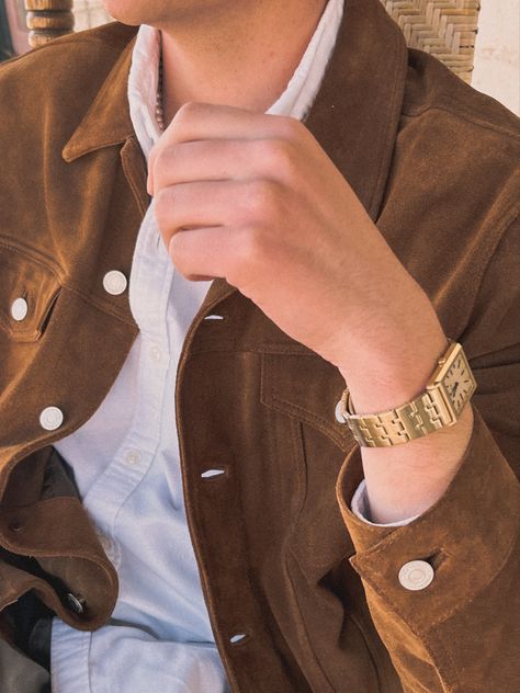 Old Money Jackets Men, White Watch Outfit, Old Money Jacket Men, Old Money Jacket, Brown Jacket Outfit Men, Brown Jacket Outfit, Suede Jacket Outfit, Shirt Outfit Men, White Shirt Outfits