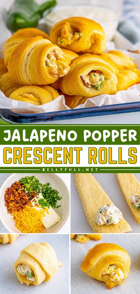 This crescent roll recipe is a perfect game day appetizer! Made with jalapeno peppers, cream cheese, cheddar, and bacon, these Jalapeno Popper Crescent Rolls are amazing. Variations on this football food idea included! Crescent Jalapeno Poppers, Jalapeno Crescent Rolls, Jalapeno Cream Cheese Crescent Rolls, Jalapeno Popper Appetizer Recipes, Jalapeno Popper Crescent Rolls, Crescent Roll Jalapeno Poppers, Appetizers With Jalapenos, Jalapeño Popper Crescent Rolls, Savory Crescent Roll Recipes