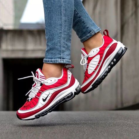 Nike Air Max 98 White Gym Red #cool, #red, #sneakers White Gym, Nike Air Max 98, Sneaker Outfits, Sneaker Trend, Red Trainers, Air Max 98, Streetwear Mode, Nike Air Max For Women, Nike Sneakers Women