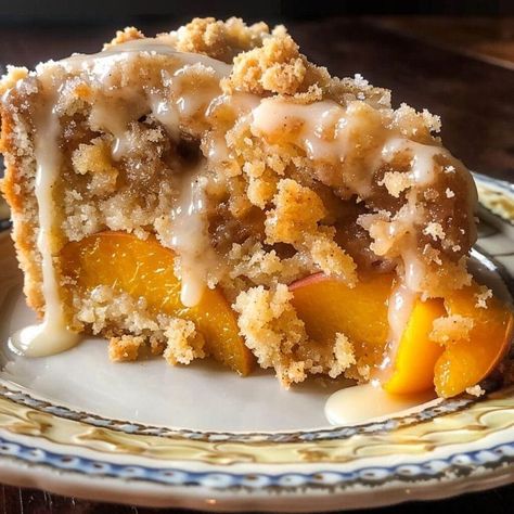 Southern Peach Crumb Cake Recipe, Brown Butter Peach Crumb Cake, Fresh Peaches Dump Cake, Peach Cobbler Layer Cake, Southern Peach Crumb Cake, Peach Crumble Cake, Peach Crumb Cheesecake, Peach Coffee Cake Recipes, Peach Upside Down Cake Recipe