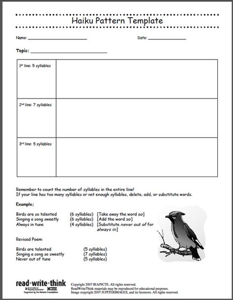 Haiku Haiku Poem, Poems About School, Poem Template, Poetry Activities, 3rd Grade Writing, Poetry Unit, Haiku Poems, 6th Grade Reading, 2nd Grade Writing