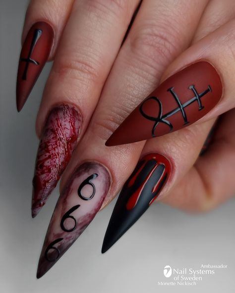 Cast a stylish spell with these witchcraft-inspired nails! 🖤✨ Featuring mystical symbols, moons, and enchanted details, these nails are perfect for those who embrace magic and mystery. 💅🌙 #WitchcraftNails #MysticalMani #WitchyVibes Satanic Nail Art, Halloween Nails Witch, Werewolf Nails, Witchcraft Nails, Wolf Nails, Dark Halloween Nails, Gore Nails, Detailed Nails, Nails July