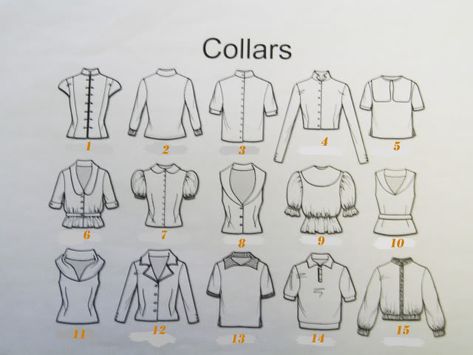 Types of collars: 1. Mandarin  2. Band  3. Stand  4. Tuxedo  5. Pilgrim  6. Chelsea  7. Peter Pan  8. Shawl 9. Bertha  10. Sailor  11. Fichu  12. Notched 13. Winged  14. Polo  15. Henley Different Types Of Collars, Dragon Inspiration, Types Of Necklines, Types Of Clothes, Fashion Terminology, Medieval Costumes, Interesting Patterns, Make Do And Mend, Quilling Techniques