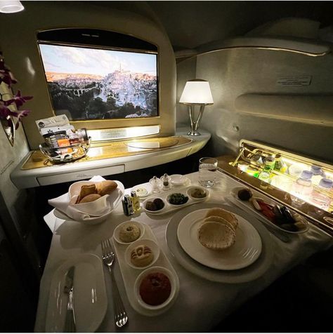 Sit back , relax in ultimate comfort and enjoy the traditional Emirates Arabic Mezze when flying Emirates first class! ------------------------------ #food #feedingfamily #moderncatering #foodpics #foodart #darkfoodcanvas #foodpic #flightattendantuniform #food_photo #foodies #eeeat First Class Flight Luxury, Arabic Mezze, Plane Food, Flying First Class, First Class Flights, First Class Seats, Travel Flight, Rich Women Lifestyle, Lux Life