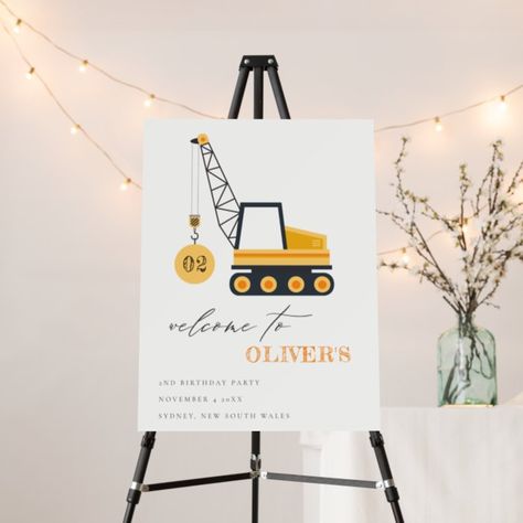 Cute Construction Crane Vehicle Birthday Welcome Foam Board - Kids Birthday Construction Baby Shower, Construction Crane, Construction Theme Birthday Party, Dump Truck Birthday, 80th Birthday Invitations, 3 Birthday, Cool Gifts For Teens, Truck Birthday, Construction Birthday Parties