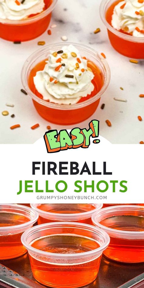 Fireball Jello Shots - Grumpy's Honeybunch Orange Jello Shots, Fireball Jello Shots, Strawberry Margarita Jello Shots, Fireball Recipes, Jello Pudding Shots, Halloween Jello Shots, Halloween Shots, Candy Apple Recipe, Orange Jello