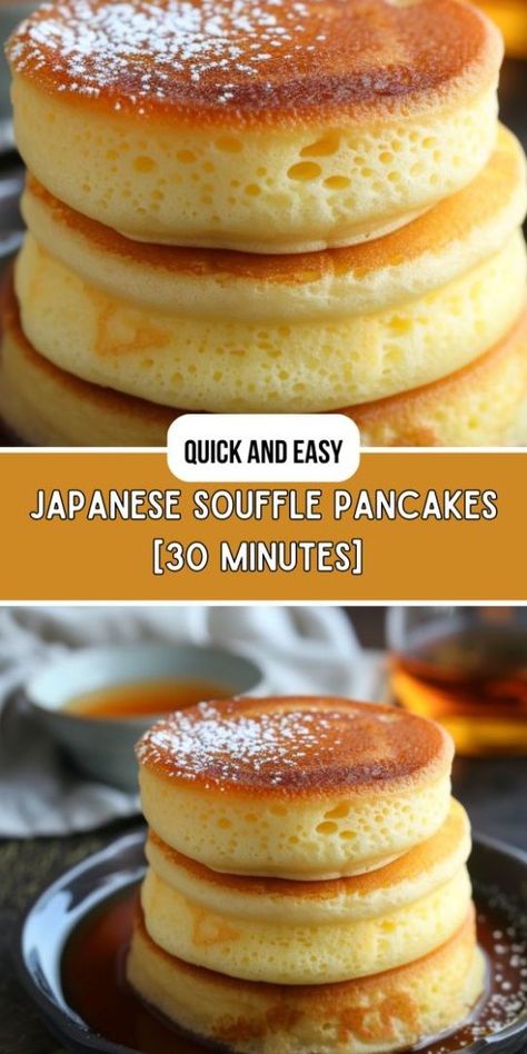 Japanese Souffle Pancakes Japanese Souffle Pancake Recipe, Japanese Fluffy Pancakes, Japanese Souffle Pancakes, Japanese Pancake Recipe, Ramekin Recipe, Japanese Pancake, Special Breakfast, Souffle Pancakes, Lunch Appetizers