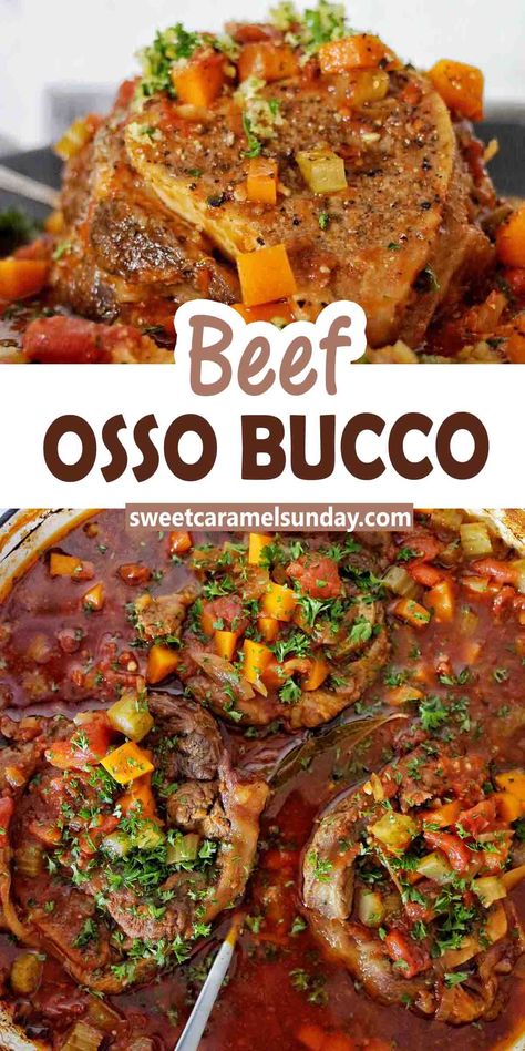 Beef Osso Bucco in black pan with silver spoon. Text is written between 2 mages. Beef Bone Recipes, Beef Bone Recipes Dinners, Beef Bones Recipe, Osso Bucco Recipe Beef, Beef Bones Recipe Dinners, Meaty Beef Soup Bone Recipes, Fall Dinner Recipes Beef, Soup Bone Recipes Beef, Uso Buco Recipe