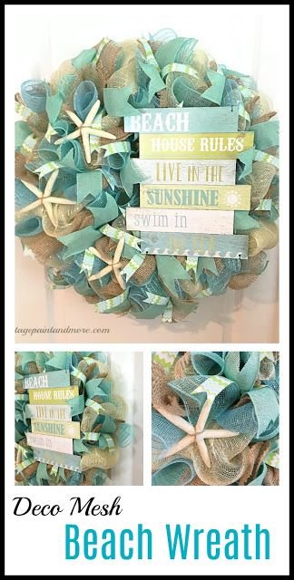 Vintage Paint and more... a beach inspired deco mesh wreath made with mesh the colors of the sea and sand and a cute beach sign.  #decomeshwreath #decomesh #wreath #beachdecor # crafts #diy # beachwreath #summerwreath Beach Wreath Ideas, Nautical Wreath Ideas, Beach Themed Wreaths, Ariel Bedroom, Coastal Wreaths, Nautical Wreaths, Mesh Projects, Diy Deco Mesh Wreath, Themed Wreaths