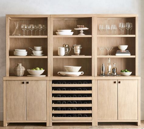 Modern Farmhouse Shelf with Wine Storage (102") | Pottery Barn Built In Buffet, Farmhouse Shelf, Hutch Cabinet, Dish Storage, Farmhouse Shelves, Bronze Hardware, Wine Cabinets, Wine Storage, Poplar Wood