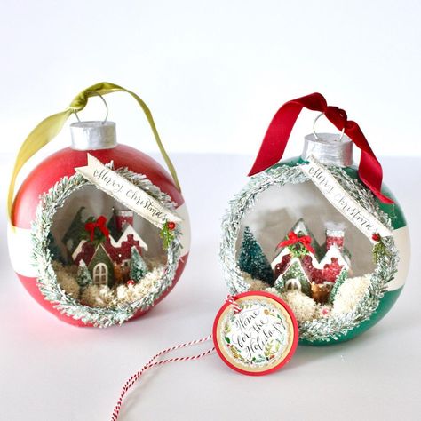 Paper Mache Tree Topper, Diorama Ornaments Diy, Diorama Christmas Ornaments, Christmas Papermache, Vintage Christmas Diorama, Diorama Ornaments, Crafternoon Ideas, Vintage Christmas Ornament Box Diorama, Christmas Globes