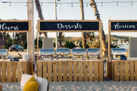 Wedding Food Stand Ideas, Beach Wedding Food Stations, Outdoor Food Station, Bamboo Food Stall, Outdoor Wedding Food Stations, Food Counter Decor Wedding, Wedding Food Counter, Beach Wedding Food, Beach Bonfire Ideas