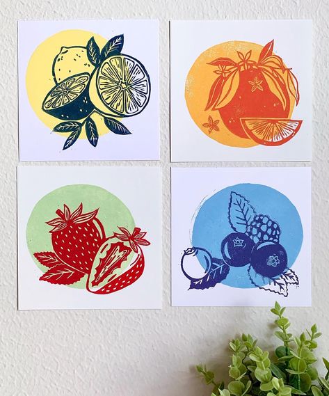 Fruit Series-Complete Set This is a complete set of my four fruit prints. All are digital copies of multi-colored relief prints carved out of linoleum. This set makes a great addition to any kitchen or living room and brightens up the room. This would be an amazing gift for any food enthusiast, or a friend or family member who is looking to decorate their space. Each print is 6x6 inches, and come without a frame. They are printed on premium matte, acid free paper for a long lasting piece of artw Orange Food, Fruit Artwork, Fruit Designs, Fruit Art Print, Strawberry Art, Linoleum Print, Linocut Printmaking, Lino Art, Posca Art