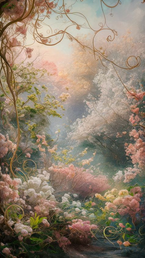 Immerse yourself in a breathtaking spring landscape, inspired by Monet's gardens. This impressionistic artwork showcases vibrant blooms and graceful Art Nouveau elements intertwined with a modern twist. Experience nature's renewal through soft pastels and joyful colors, celebrating the poetic beauty of spring. Perfect for art lovers and nature enthusiasts alike! #Impressionism #SpringArt #MonetInspired #ArtNouveau #NatureBeauty Pastel Garden Aesthetic, Art Nouveau Wallpaper Iphone, Pink Art Nouveau, Art Nouveau Phone Wallpaper, Spring Backgrounds For Iphone, Art Nouveau Landscape, Watercolor Art Wallpaper, Pastel Impressionism, Fairytale Flowers