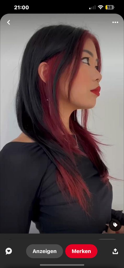 Black Hair Dyed Red Underneath, Brown Hair With Colored Underneath, Brunette Hair With Colour Underneath, Black Hair W Red Underneath, Front Colored Hair Strands, Red Bangs And Under Hair, Black Hair Red Front Pieces, Behind Ear Hair Dye, Red Hair Front Pieces