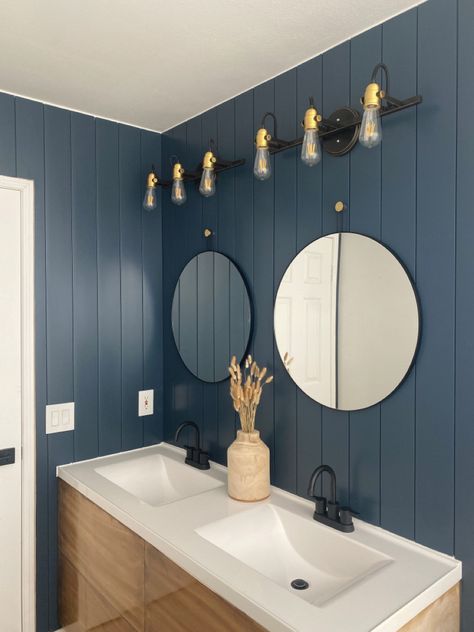 Blue Shiplap Bathroom, Blue Shiplap Wall, Blue Bathroom Accents, Wooden Wall Bathroom, Blue Shiplap, Shiplap Bathroom Wall, Blue Bathroom Walls, Dark Blue Bathrooms, City Bathrooms