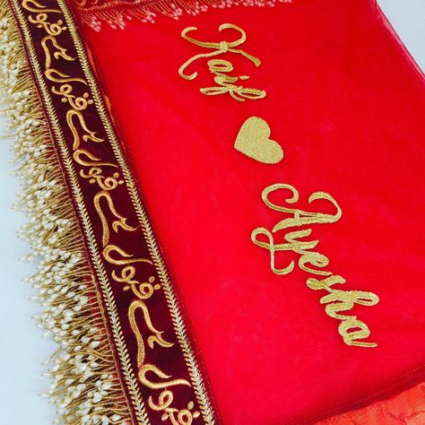 Nikah dupatta. Customization available. Premium quality gurantee. What's app to order 8817097010. Keywords: Nikah dupatta, nikah pen, dream wedding, shadi, bride, groom, nikah nama, wedding photoshoot, pose, love #weddingfavors Nikha Dupatta Design, Bridal Dupatta With Name, Bridal Dupatta Designs, Nikah Dupatta, Nikah Pen, Wedding Dupatta, Dupatta Designs, Bridal Dupatta, Photoshoot Pose