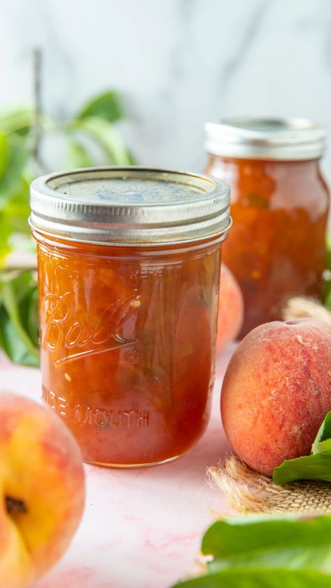 Peach Jalapeno Jam - Binky's Culinary Carnival Peach Bourbon Jam, Bourbon Jam, Peach Jalapeno Jam, Peach Bourbon, Canning Jam Recipes, Low Sugar Jam, Peach Jam Recipe, Jalapeno Jam, How To Peel Peaches