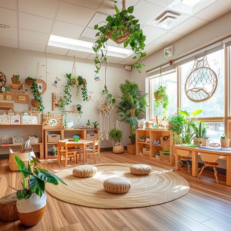 This furniture creates that environment that becomes a third teacher. #roomlayout #receptionclassroom #nurseryclassroom #reggio Classroom Tree Ideas Preschool, Nature Daycare Rooms, Outside Classroom Ideas, Preschool Seating Ideas, Preschool Classroom Decor Nature, Environment As The Third Teacher, Preschool Nature Classroom, Nature In Classroom, Reggio Emilia Playroom