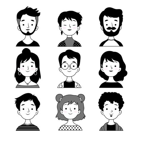 People avatars black and white design Fr... | Free Vector #Freepik #freevector #people #design #character #network People Avatar, Drawn People, Character Hair, Doodle People, Sketch Note, Vector People, Cartoon People, Male Character, 캐릭터 드로잉