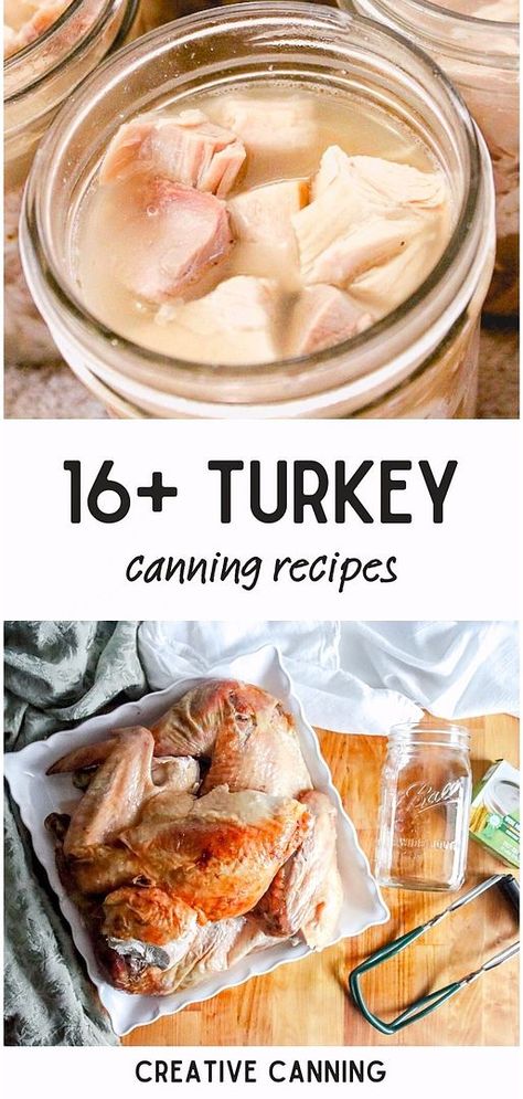 Dive into these 16+ turkey canning recipes, a key component of home canned meats recipes. Whether you're dealing with leftover turkey or just bought turkey in bulk, these recipes have you covered. From canning turkey meat to making broth, soup, pot pie filling, and stock from the carcass, they're adaptable for both cooked and raw turkey. Explore more pressure canning recipes, canning meals in jars, and meal canning recipes at creativecanning.com How To Can Turkey Meat, Turkey Soup For Canning, Canning Turkey Recipes, Turkey Canning Recipes, Canning Turkey Soup Recipes, Pressure Canned Chicken Recipes, How To Can Soup With Meat, Canning Turkey Pot Pie Filling, Home Canned Soup Recipes