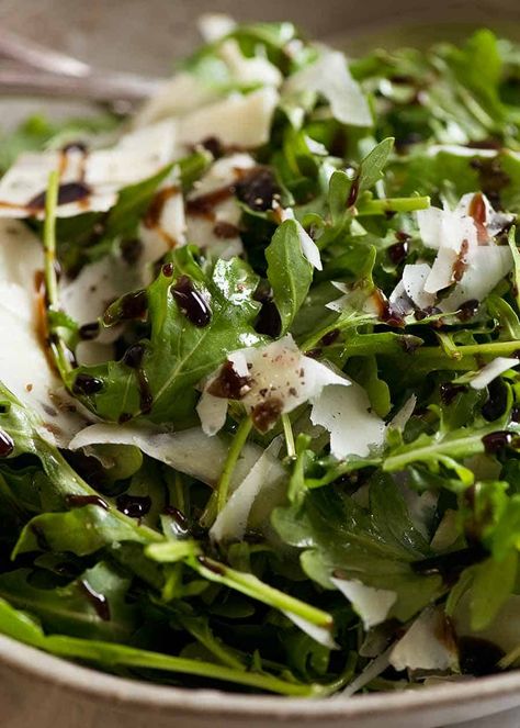 Rocket Salad with Balsamic Dressing and Shaved Parmesan | RecipeTin Eats Salad Starters, Rocket Recipes, Power Greens, Parmesan Salad, Arugula Recipes, Salad With Balsamic Dressing, Green Salads, Shaved Parmesan, Rocket Salad