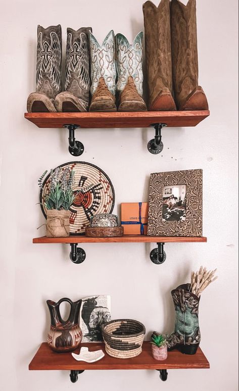 Cowboy Boots Shelves, Cowgirl Boot Shelf, Cowboy Boot Organization, Cowboy Boot Shelf, Dollar Tree Western Decor, Western Dresser Decor, Cowboy Hat Storage Ideas, Western Apartment Decor, Western Home Ideas